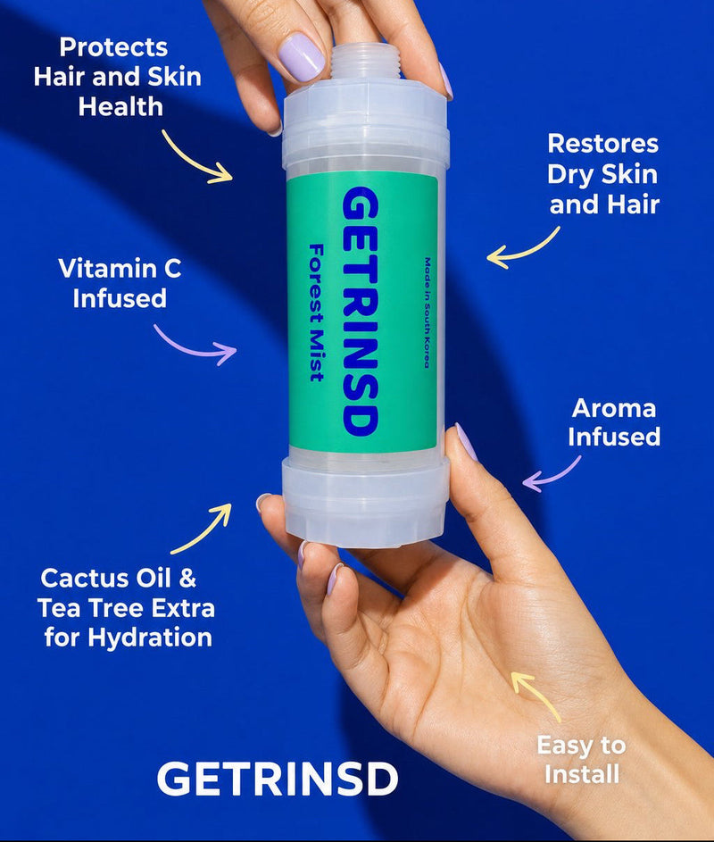 GETRINSD Vitamin C Aroma Shower Filter in Forest Mist scent, showing the sleek filter design and natural forest-inspired details.