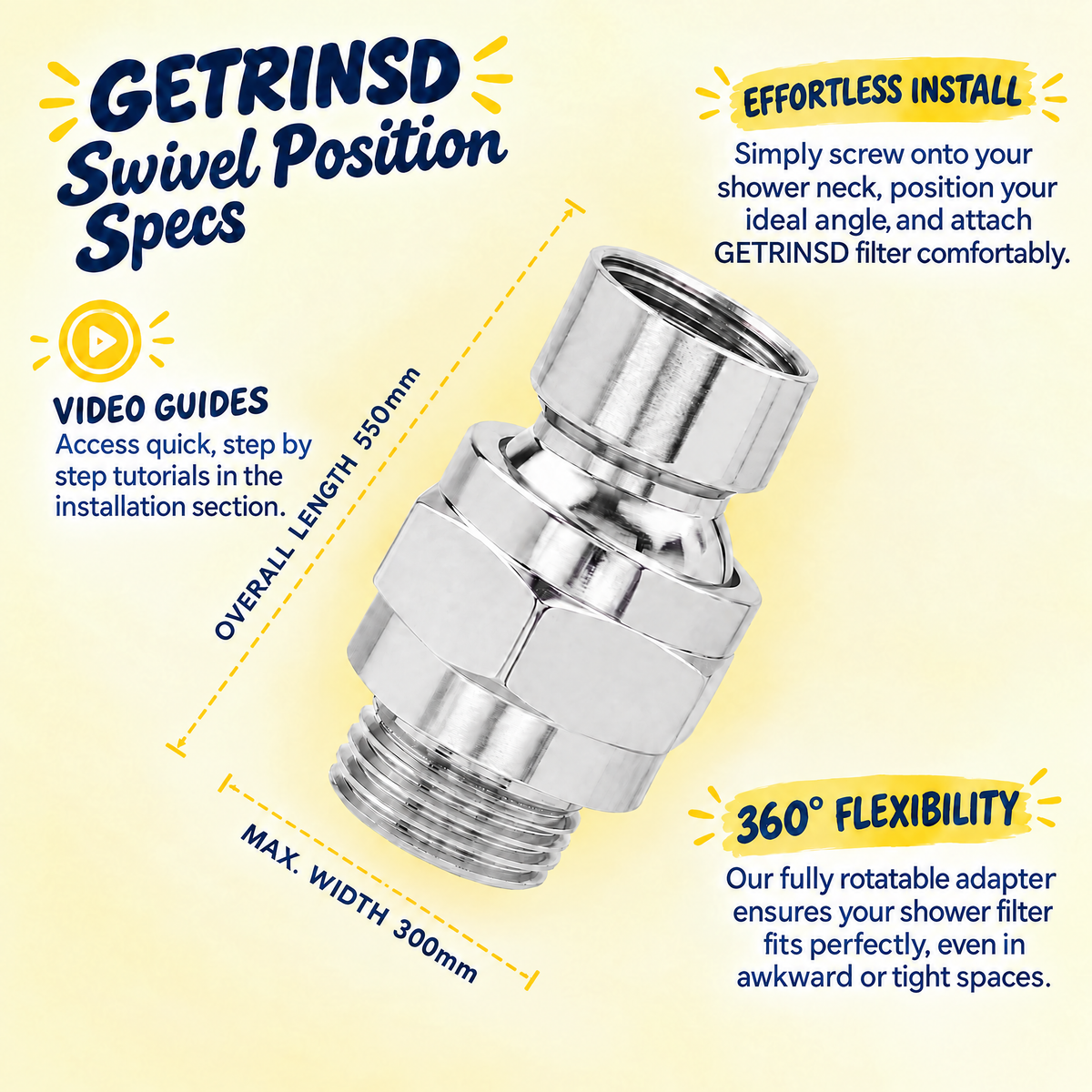Chrome swivel adapter from GETRINSD, showing a shiny metal connector with a rotating joint for versatile use in playground equipment.