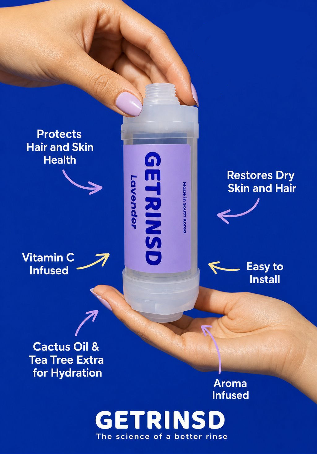 GETRINSD Vitamin C Trio Bundle with aroma shower filters, showcasing clear filters and vibrant packaging for skin and shower health.
