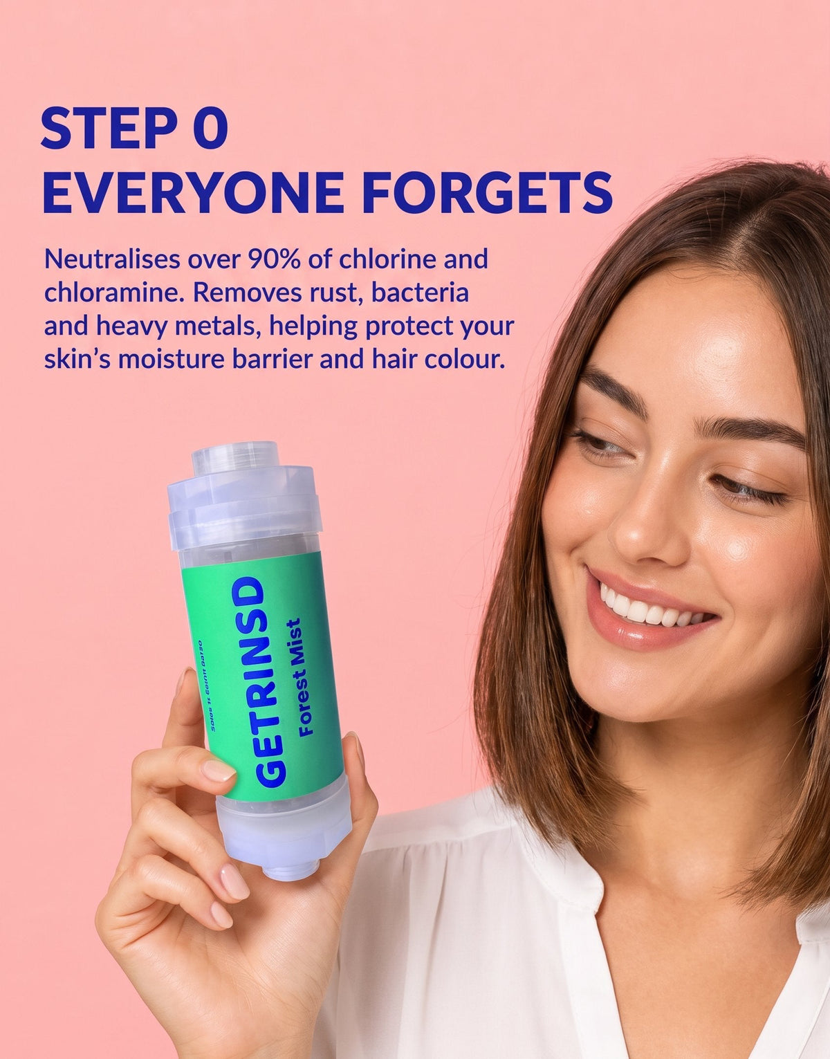 GETRINSD Vitamin C Duo Bundle with aroma shower filter, featuring vibrant bottles and natural ingredients for refreshing skin and shower experience.