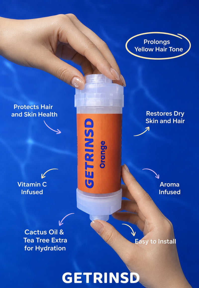 GETRINSD Vitamin C Aroma Shower Filter in orange, showing the sleek filter design for soothing, vitamin C-enriched shower water.