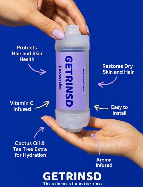 GETRINSD Vitamin C Aroma Shower Filter with lavender scent, showing the filter unit designed for refreshing shower water.