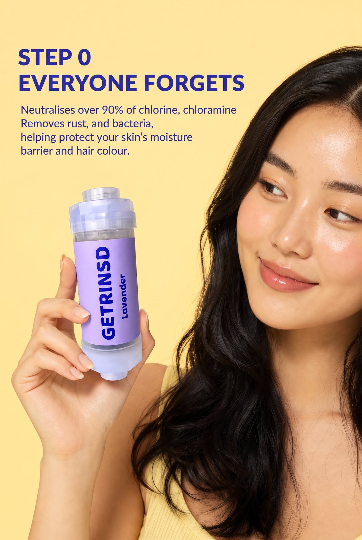 GETRINSD Vitamin C Aroma Shower Filter with lavender scent, showing the sleek filter design for purified, fragrant shower water.