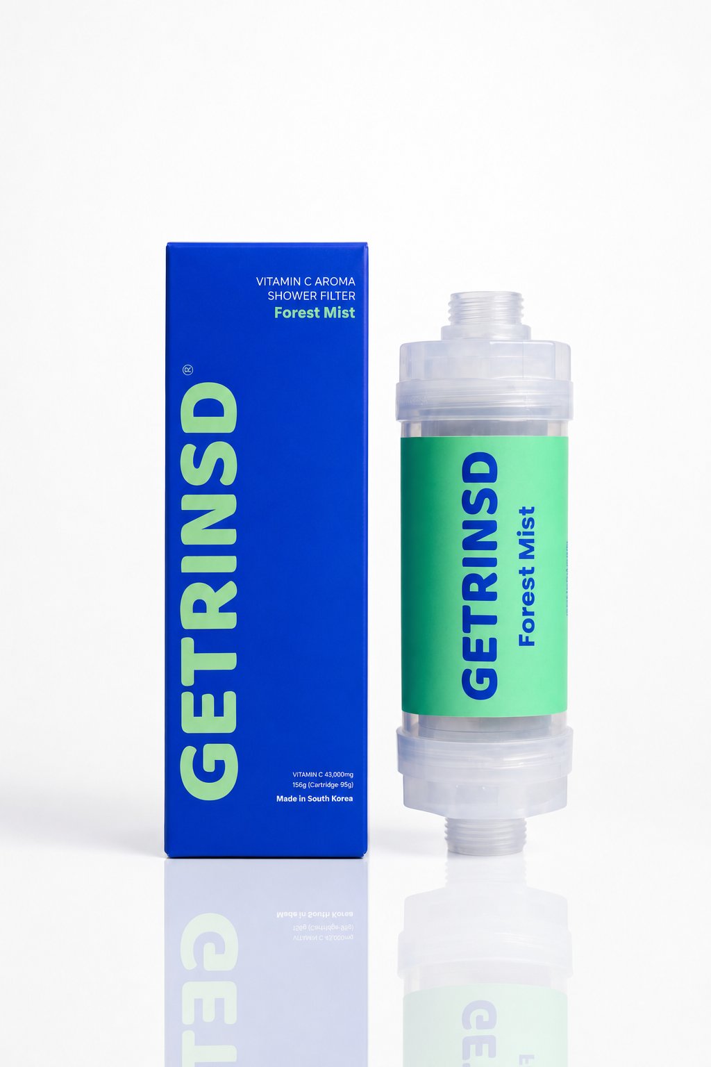 GETRINSD Vitamin C Aroma Shower Filter with Forest Mist scent, shown installed in a modern bathroom shower.