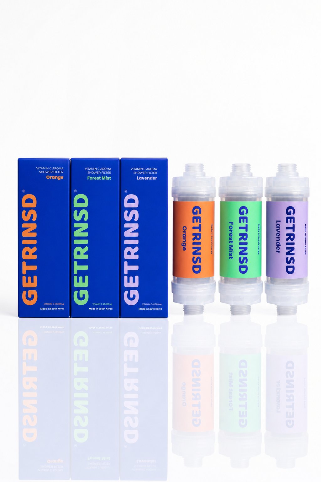 GETRINSD Vitamin C Trio Bundle with aroma shower filter, showing three bottles of vitamin C supplements and a shower filter.