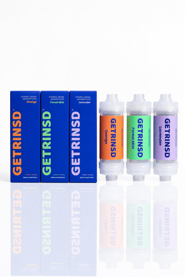 GETRINSD Vitamin C Trio Bundle with aroma shower filter, showing three bottles of vitamin C supplements and a shower filter.