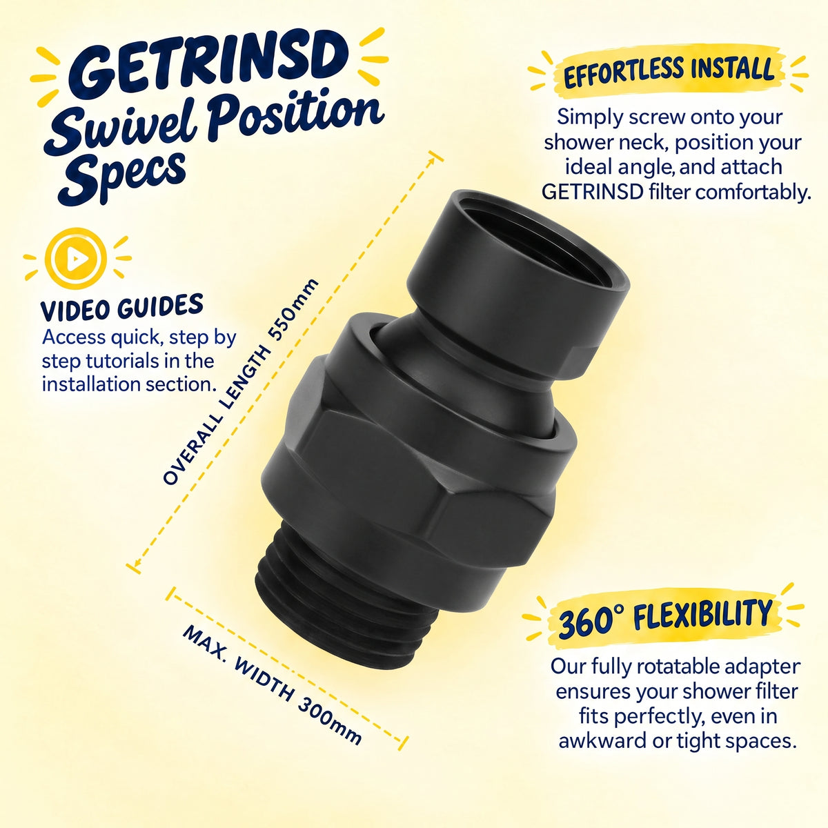 Black GETRINSD swivel adapter attached to a device, showcasing its rotating joint and sleek design for versatile connectivity.