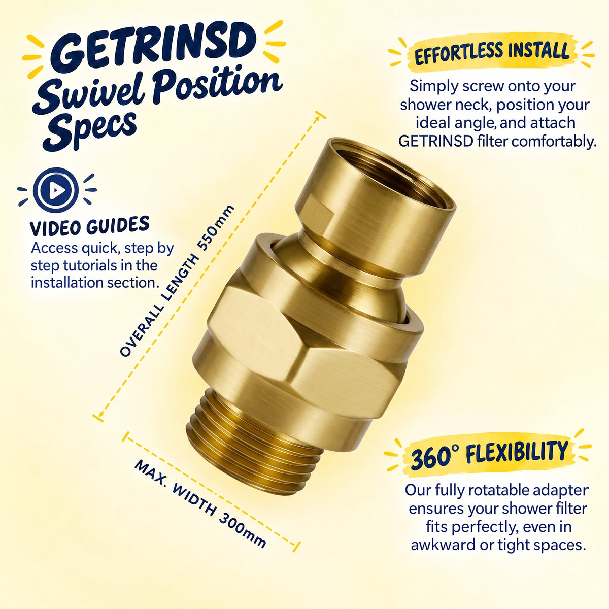 Gold swivel adapter from GETRINSD with a sleek, metallic finish, featuring a rotating joint for versatile connection options.