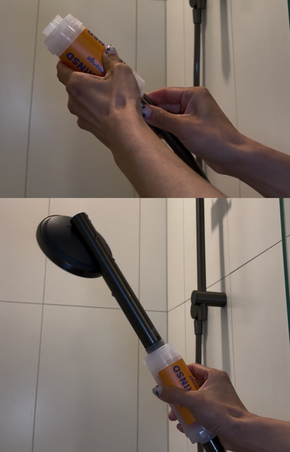 GETRINSD Vitamin C Aroma Shower Filter in orange, showing the filter cartridge and labeling for refreshing shower experience.