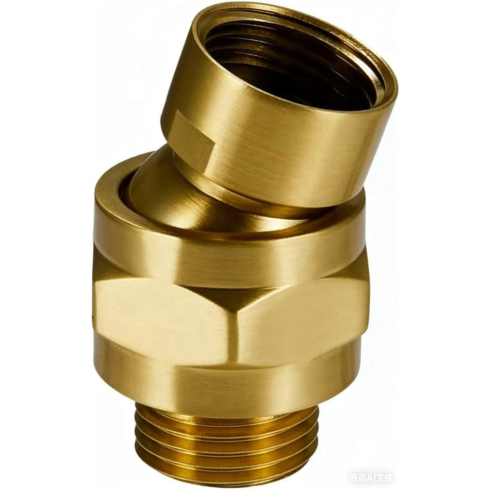 GETRINSD gold swivel adapter showing a compact, shiny gold connection with rotating joint for versatile use in plumbing or fittings.